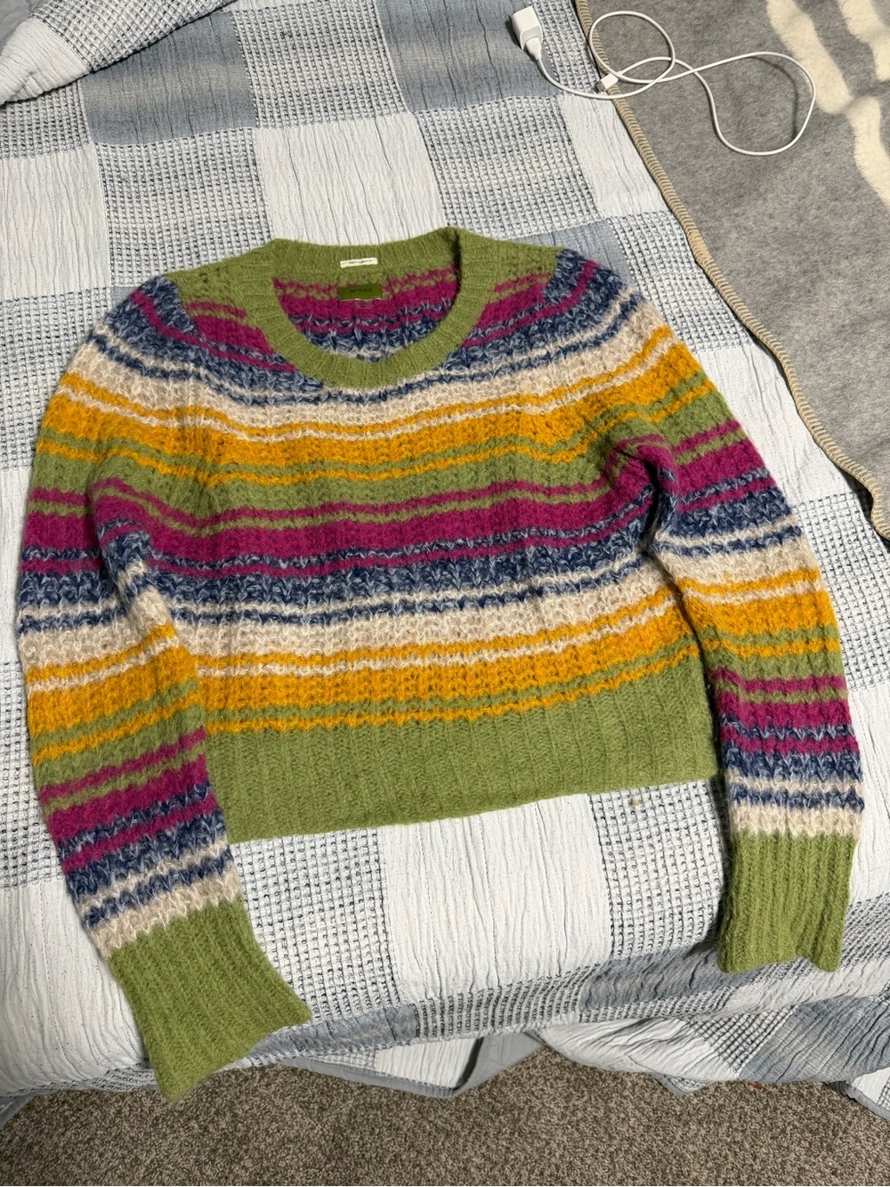 Mother Cropped Striped Multicolor Crewneck Sweater in Green